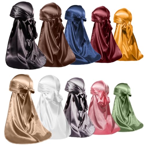 ForceWave 10 Pieces Silky Durags Long Tail for Women Men Satin Durag 360 WaveDorag 10 Pieces