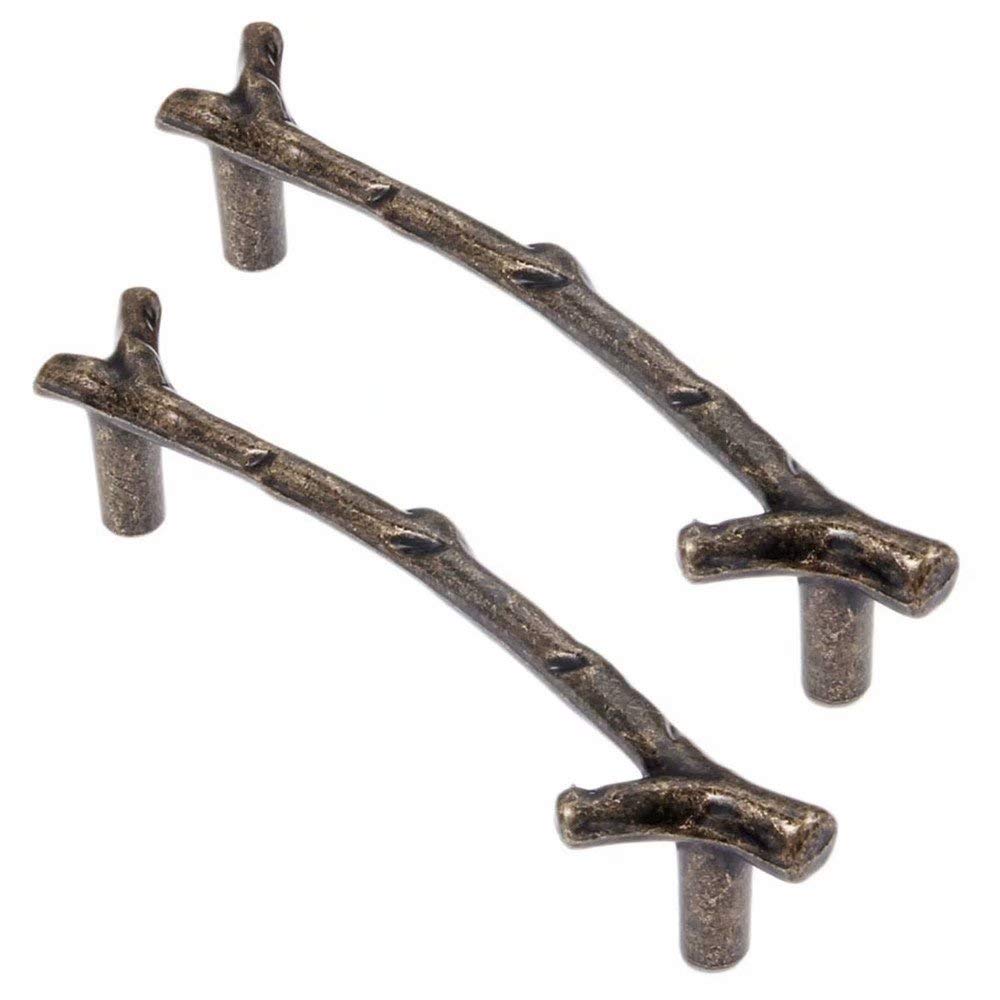 Wushadehans Retro Bronze Antique Brass Cabinet Drawer Handles 2Pcs Zinc Alloy Twig Branch Decorative Hardware Pulls(,Hole Centers:3.78 Inch)