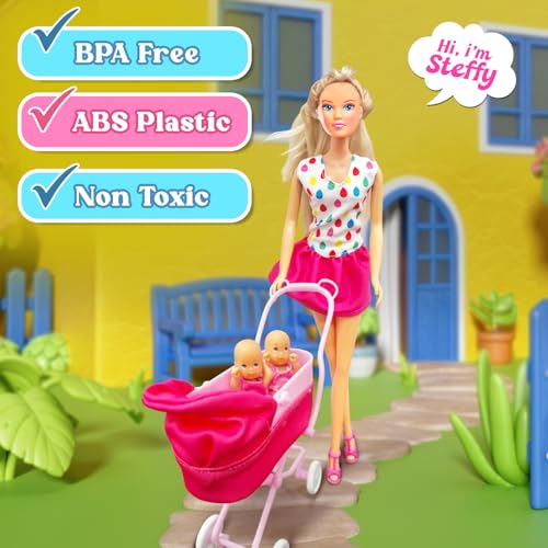 Image of Steffi Love Sunshine Twins| Pretend Play Set with Baby Stroll and Adorable Twin Babies| Safe 16+Baby Accessories| Adorable Role Play Set for Girls Age 3+ (White & Pink)