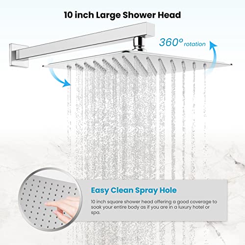 Gotonovo Polished Chrome Rain Mixer Shower Faucet Set With Waterfall Tub Spout 10 Inch Square Rainfall Shower Head With Handheld Spray Wall Mounted Rough-In Valve And Trim Included #TOP7
