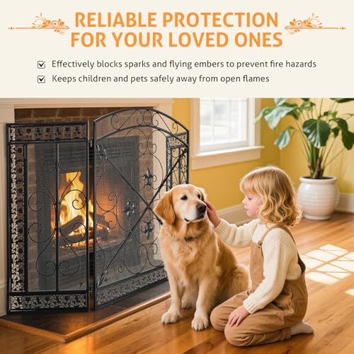 Image of WICHEMI 3 Panel Fireplace Screen for Fireplace Cover Fireplace Screens Stand Alone 52.4 x 31inch Wrought Iron Black Metal Spark Guard Fireguards Mesh Cover Fence Fire Place Standing Gate (Style 3)