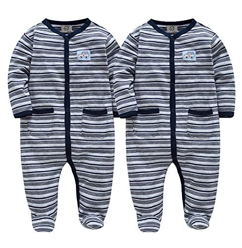 kavkas Baby Boy Long Sleeve Footies Cotton Footed Romper for Sleep and Play, Blue Stripes 2 Pack, 18-24 Months