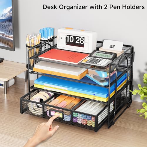 VITVITI Desk Organiser Tray, 4 Tier Letter Paper Tray Organiser with 2 Pen Holders - Image 3