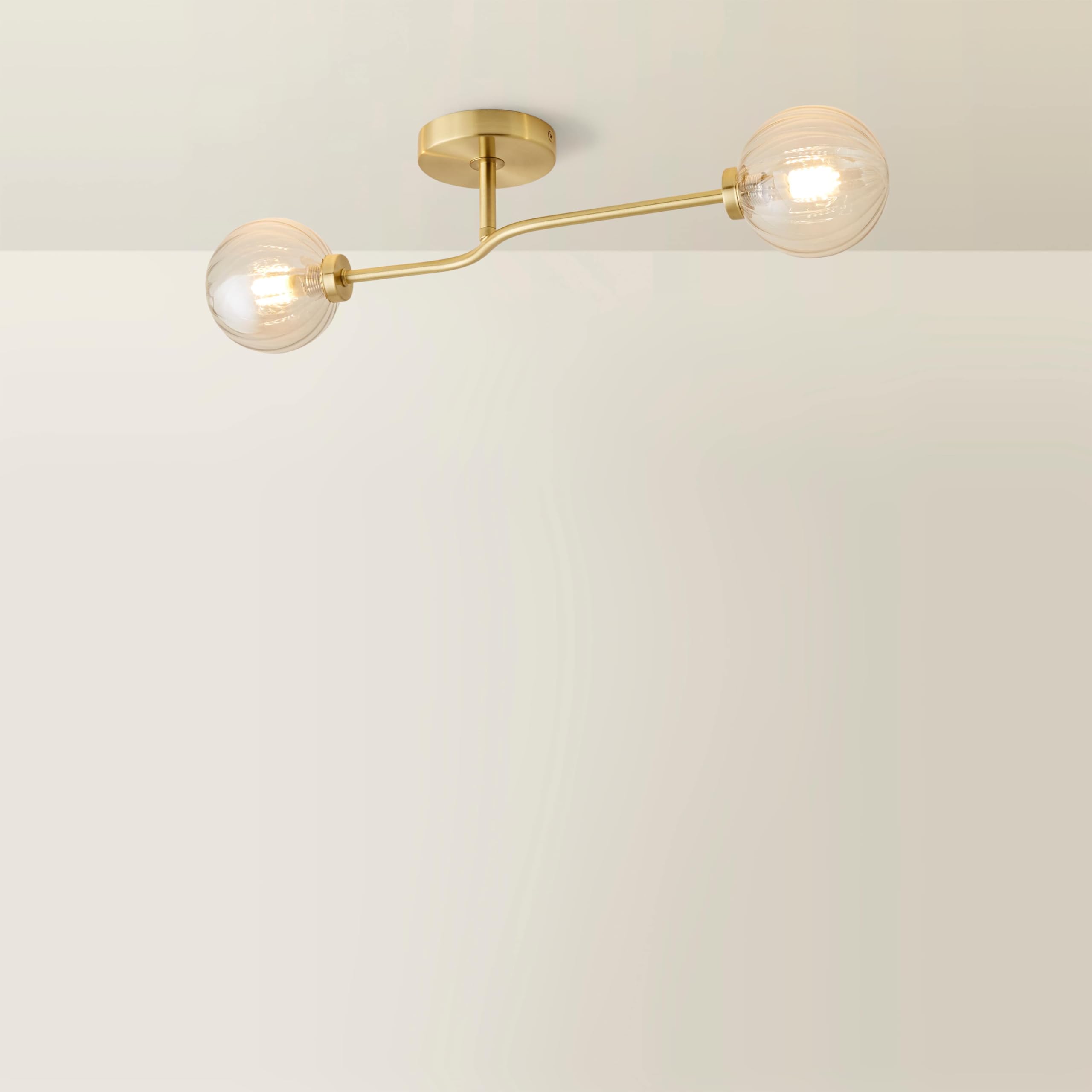 ValueLights | Gold Metal Bar 2 Way Ceiling Light Fitting with Amber Ribbed Glass Globe Shades | Close-to-Ceiling Lights, Home Décor & Improvement Essential | Mains Wired
