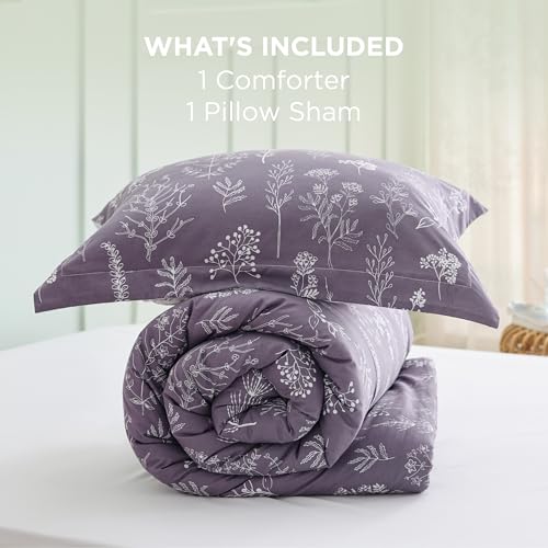 Image of Bedsure Twin /Twin XL Comforter Set - Grayish Purple Bed Set, 2 Pieces Cute Floral Bedding, 1 Soft Reversible Botanical Flowers Comforter and 1 Pillow Sham