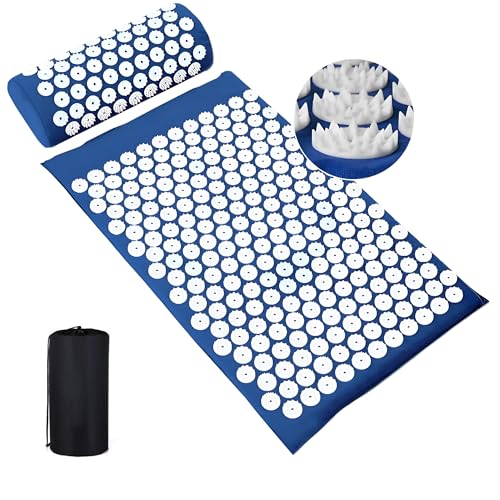 Acupressure Mat and Pillow Set, Acupuncture Massage Mat for Relieving Back, Neck, Feet Pain Muscle Tension Stress Reduction Wellness Therapy, Spike Mattress with Carry Bag for Men Women (Blue)