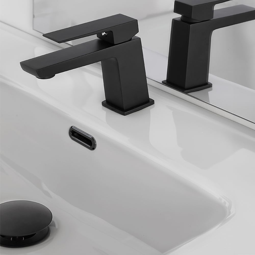 Set miscelatori lavabo e bidet nero opaco, in ottone con piletta di scarico click-clack inclusa, serie KUBO