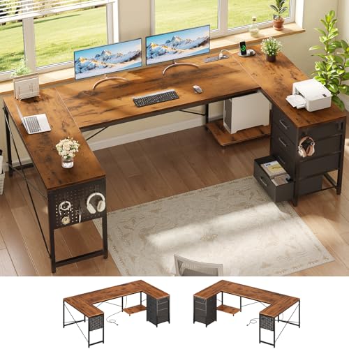 SEDETA 67' U Shaped Desk with 4 Fabric Drawers, Reversible Corner Computer Desk with Power Outlet & CPU Shelf, L Shaped Office Desk with Pegboard for Home Office, Rustic Brown