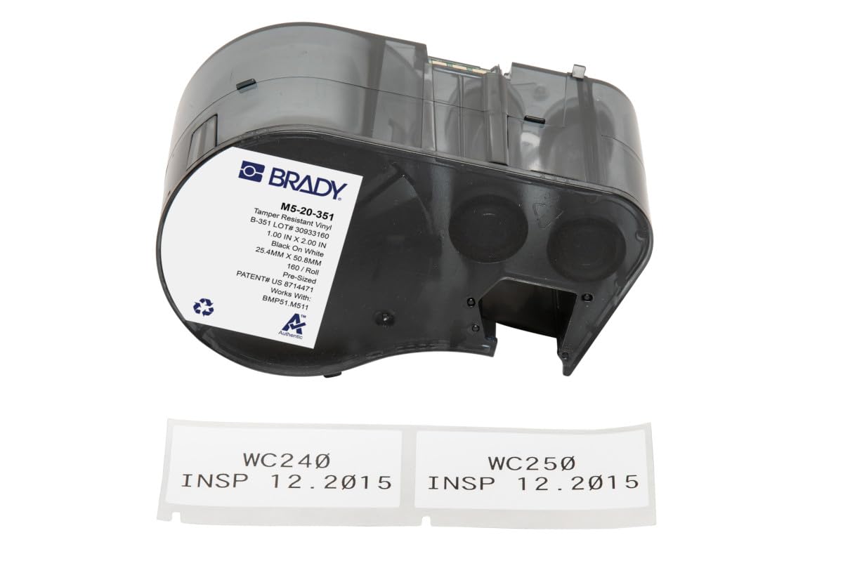 Brady Tamper-Resistant Vinyl Pre-Sized Labels for Label Printer BMP51/BMP53/M511-160 Self Adhesive Printer Labels - Black on White (25,40 mm (W) x 50,80 mm (H)) - M5-20-351