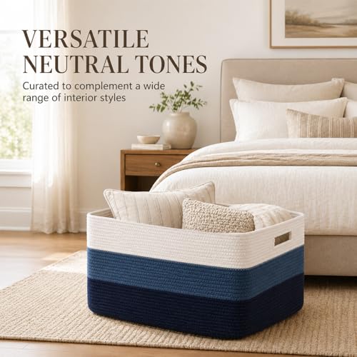 Image of OIAHOMY Large Blanket Basket, 22 inchx17 inchx12 inch Rectangle Woven Baskets, Nursery Blanket Storage Living Room, Toy Storage With Handle, Large Baskets for Organizing-Gradient Blue