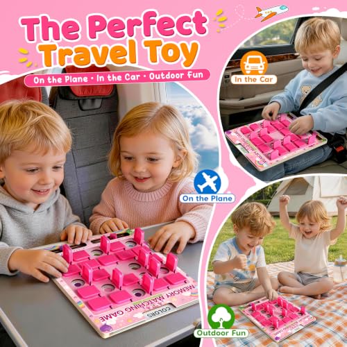 Image of Matching Memory Game for Kids Ages 3 4 5 6 Year Old, Travel Toy for Boys Girls, Wooden Board Game, Road Trip Essentials for Toddler, Airplane Car Camping Activity, Ideal Christmas Birthday Gifts, Pink