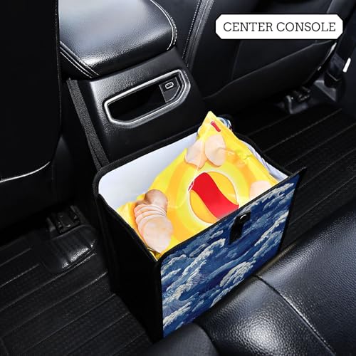 Image of Car Trash Can Organizer Bin with Adjustable Strap for Back Front Seat Console Waterproof Leakproof Collapsible Portable 8.66 Inch Blue Ocean Waves