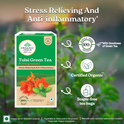 Image of A TATA Product - Organic India Tulsi Green Tea Pomegranate - 25 Tea Bags, Certified Organic, Stress Relief, Rich in Antioxidant, Tulsi & Pomegranate Infusion