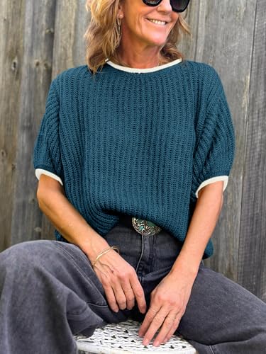 Image of Saodimallsu Womens Puff Short Sleeve Sweater Tops Spring Summer Color Block Ribbed Knit Crew Neck Going Out Shirts