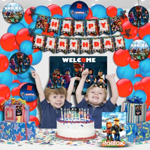 Image of PRETTY UR PARTY Video Game Party Decorations Kit - 80 pcs Includes Banner Balloons ThankYou Centerpiece Danglers, Gaming Party Decorations Items, Birthday Decor, DIY Kit Pack for kids Teens, Gamers