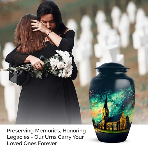 Image of Personalized Church Steeple Night - Funeral Urns For Men - Large Cremation Urn For Ashes For Women - Unique Burial Urns - 10 Inch - Large With Velvet Bag - Adult Decorative Urn For Mom & Dad
