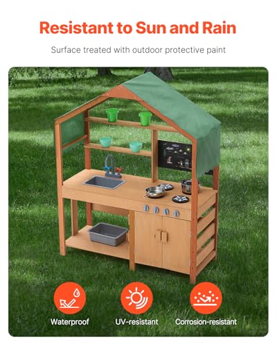 Image of VEVOR Mud Kitchen for Kids Outdoor, Wooden Mud Kitchen Set with Canopy, Mud Kitchen for Kids Outdoor Backyard with Stoves, Planter Boxes, 2 Sink, Faucet, Blackboard, Cookware Pot