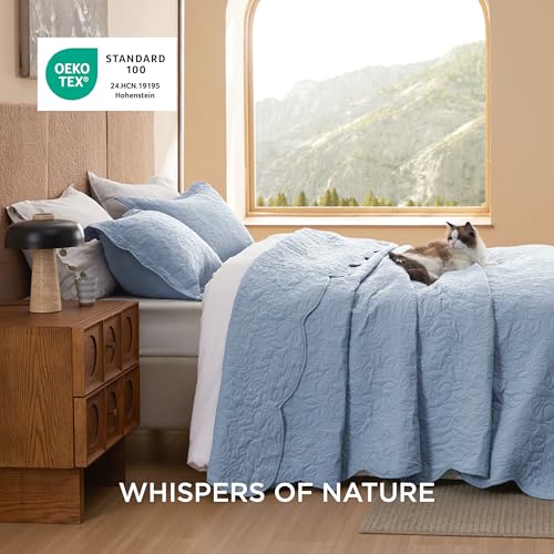 Image of Bedsure Quilt King Size - Ultra Soft Pre-Washed Cloud-Like Bedding, All-Season Lightweight Comforter for Country Bedroom, Leaf Design Coverlet in Mineral Blue, 106 x 96 Inches