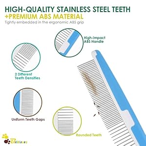 2 Pack Dog Combs, 2-in-1 Stainless Steel Cat Grooming Comb with Rounded Teeth, Professional Pet Dematting Tool, Prevents Knots and Mats for Small, Medium & Large Pets with Long & Short