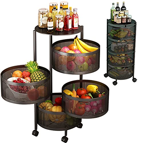 BotaBay Round Rotating Multi-Layer Kitchen Storage Shelf, 4 Tier Fruit Vegetable Storage Basket, Kitchen Storage Rack Floor Standing, Movable Household Storage Rack for Kitchen Living Room Toilet