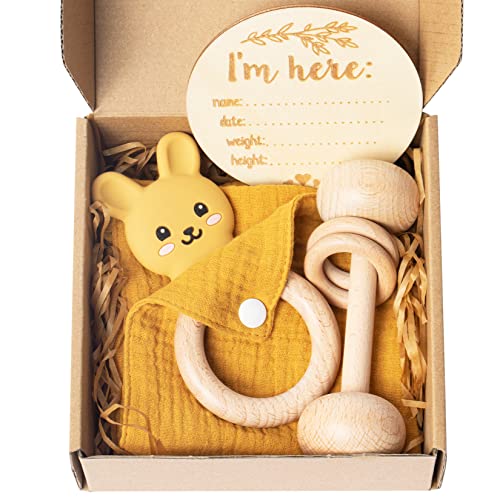 Image of Premium Gender Neutral Baby Shower Gifts Set for Boys and Girls with Handmade Rattle, 100% Cotton Comforting Double Gauze, and BPA-Free Silicone Teether