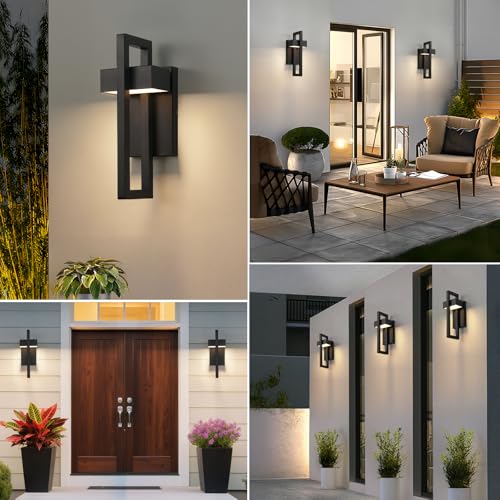 Image of tewei 16.5'' Modern LED Outdoor Wall Sconce, Integrated LED Outdoor Light Fixtures Wall Mount Exterior Lights, Black Front Porch Outside Lighting for House, Backyard, Warm White 3000K, 2 Pack