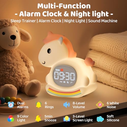 Image of Alarm Clock with Night Light for Kids with Sleep Training and Sound Machine, Rechargeable Silicone Lamp OK to Wake Clock,Cute Animal Tabletop Lamp, Perfect Sleep Companion for Boys Girls,Pink Pony