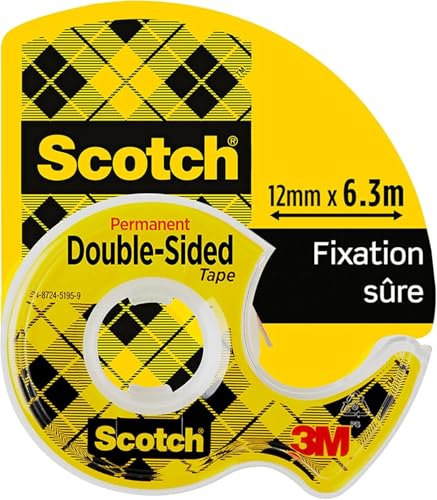 Scotch Cinta Adhesiva de Doble Cara - 1 Rollo en dispensador de mano, 12,7 mm x 6,3 m, Transparente - Adhesivo Permanente por Ambas Caras - Fuerte, Duradera y Segura para Fotos