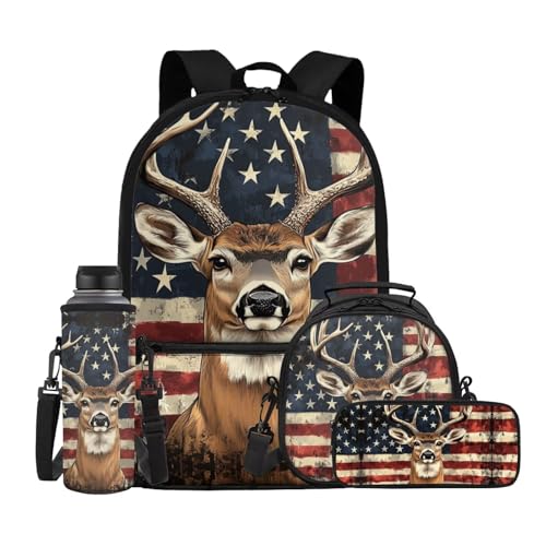 Showudesigns American Flag Deer School Backpack and Lunch Box Set for Girls Boys Elementary Bookbag Lunch Bag Pencil Case Water Bottle Holder 4 In 1 Kids School Bag with Front Pocket Satchel Rucksack