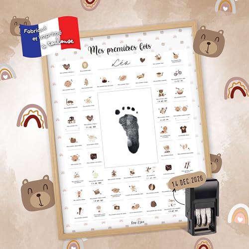 Keep'Love Affiche "Mes Premières Fois" à Tamponner, Cadeau de Naissance Bébé, Souvenir, Decoration Chambre Bebe, Cadre Photo Beige, Coffret Cadeau Jeune Maman, Grand Format A3 (Modèle OURSON)