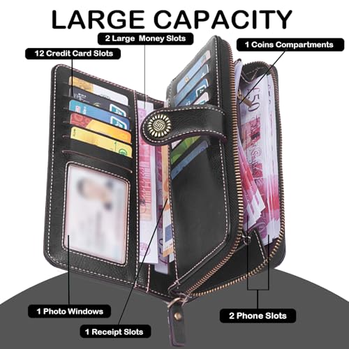 BYWAUQI Wallets for Women Leather Large Capacity Credit Card Holder for Women with Wristlet Zipper Pocket ID Window(black)3