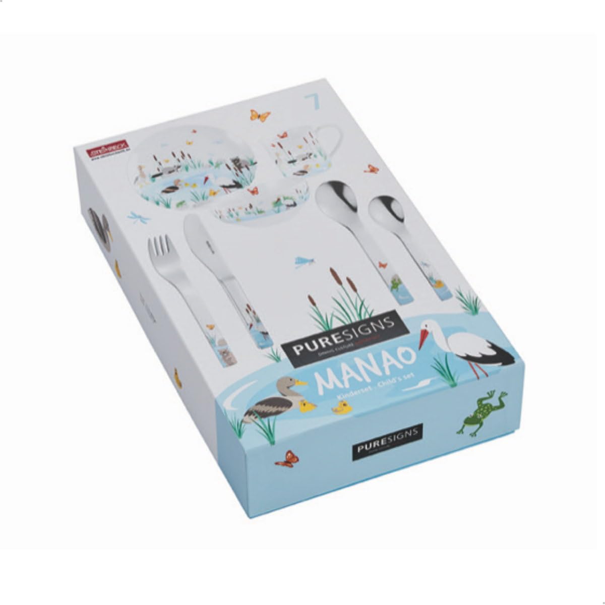 Kinderset Tiere Manao 7tlg. mit Gravur auf der Besteck-Rückseite (z.B. Namen) Kinderbesteck + Kindergeschirr (Teller, Schale, Tasse)