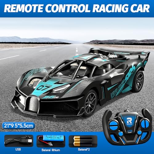 Image of joybox Remote Control Racing Car, 21.9 cm Length, Black and Turquoise Sports Car Design with Wireless Controller with Smoke, 8 Year +