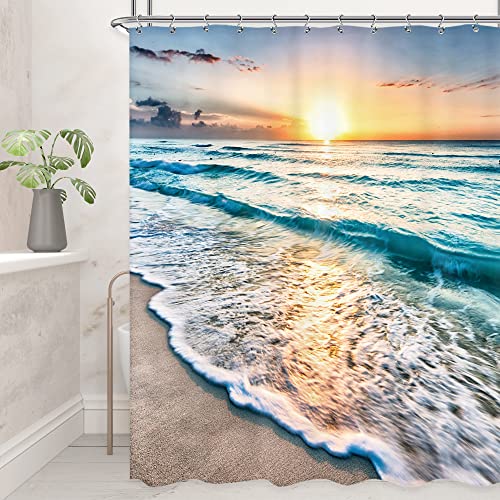 Riyidecor Ocean Coastal Cortina de ducha hawaiana amanecer 72 x 84 pulgadas Sea Wave Summer Beach Seaside Scene Island Blue Fabric Set impermeable 12 ganchos Cover