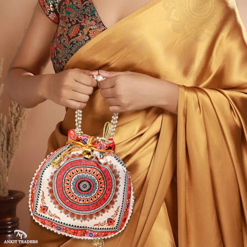 Image of Women Potli Bags | Zari Embroidered Silk With Drawstring | Traditional Return Gifts for Mehandi, Haldi, Baby Shower, Wedding, Sangeet, Seemantham