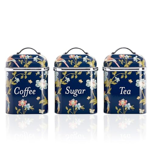 VQ Laura Ashley Ensemble de Boîtes à Thé, Café et Sucre – Lot de 3 Boîtes de Rangement en Acier Inoxydable avec Couvercles Amovibles – Pots de Cuisine...