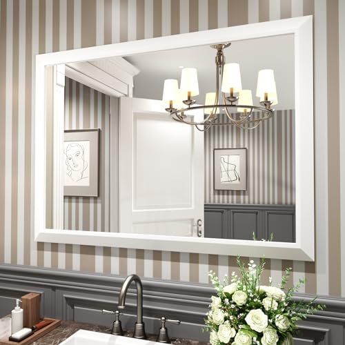 Amorho Bathroom Mirror, 48x35 Inch White Thick Metal Framed Wall Mirrors for Over 2 Sinks, Bedroom, Living Room, Entryway, Large Rectangle Wall-Mounted Mirrors.