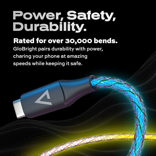 Statik Light Up Charger Cable - GloBright Braided LED Charging Cable, Glowing Super Fast Charging 100W Light Up Cable, Data Transfer, Lighted Phone Charger Cord - 6FT/2M, Type USB C to USB C