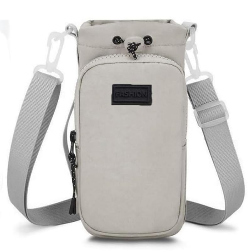 Constprog Water Bottle Carrier Bag with Phone Pocket, Adjustable Shoulder Strap Water Bottle Holder Pouch Sling Bag for Hiking Travelling (Light Grey)