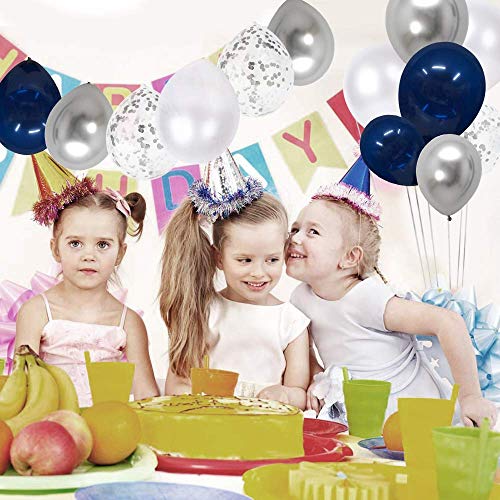 Navy Blue and Silver Confetti Balloons 50 pcs, 12 inch White Pearl and Silver Metallic Chrome Party Balloons for 2026 Graduation Party Decorations - Image 7