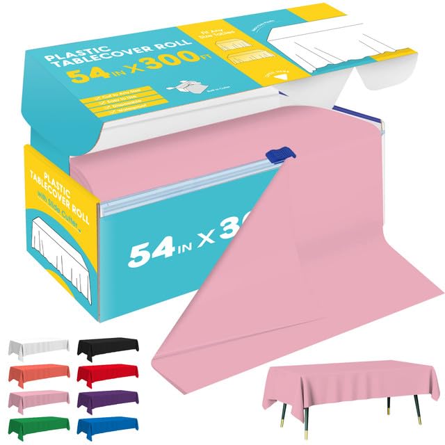 Image of Niuara Pink Plastic Table Cover Roll - 54IN x 300FT, Table Cloth for Rectangle Table with Slide Cutter, Plastic Table Cloth Disposable with Cut-to-Size Design for Weddings, Banquets, Parties