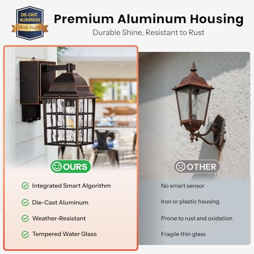 Image of Gleamz Dusk to Dawn Outdoor Porch Light with GFCI Outlet, Farmhouse Oil Rubbed Bronze Gold Trim Exterior Garage Lighting Fixtures Wall Mount for House, Anti-Rust Waterproof Outside Wall Sconce Lantern