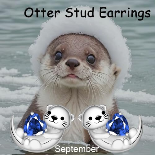 Cute Otter Earrings for Women - 925 Sterling Silver Birthstone Sea Otter Stud Earrings Cute Animal Stud Heart-Shaped CZ Hypoallergenic Jewelry Gift4