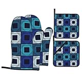 Ethnic-Boho-Mosaic-of-Striped-Figures-Traditional-Ornament-Tribal-Folk-Moti Heat Resistant Oven Mitts and Pot Holders Set of 4-500°f Protection Utensil Pocket for Grilling, Baking, Cooking