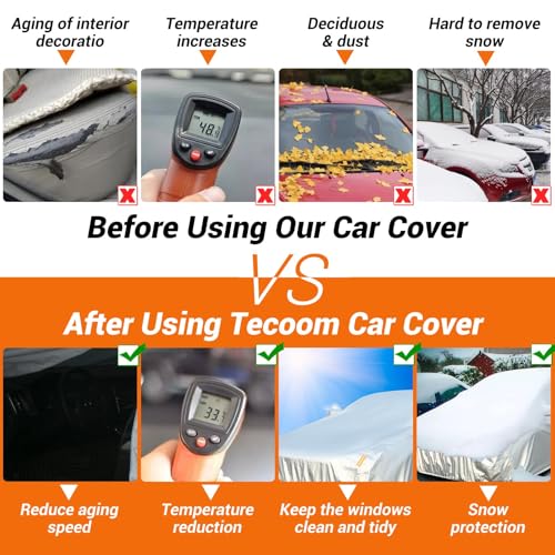 Image of Tecoom Car Cover Waterproof All Weather, 3 Layers Car Covers for Automobiles, Fleece Lining with Zipper Door Lock Full Exterior Covers, Wind Rain Snow Sun Hail Protection Fit for Sedan (191-200 Inch)