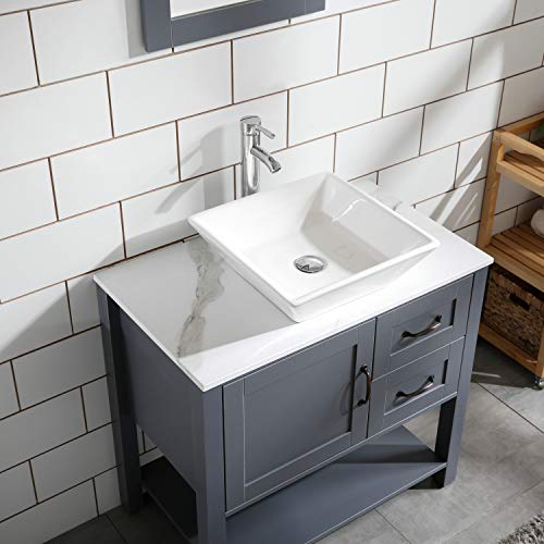 30" Gray Bathroom Vanity and Sink Combo Marble Pattern Top w/Mirror Faucet&Drain
