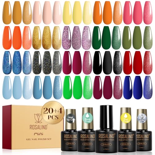 Image of ROSALIND 24pcs Gel Polish Set with 4 Bottles of Base and Glossy Matte Glitter Top Coat Yellow Purple Blue Gel Nail Polish Set Bright Colors Gel Nail Set for Women