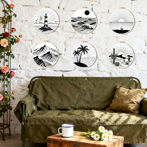 Image of BEUNITONE 6PCS Beginner Embroidery Kit for Adults, Minimalist Black and White Style Pre-Stamped Pattern Needlepoint Kits with Hoops & Instruction, Hand Embroidery Kits for Fabric and Home Decor 7.9 inch