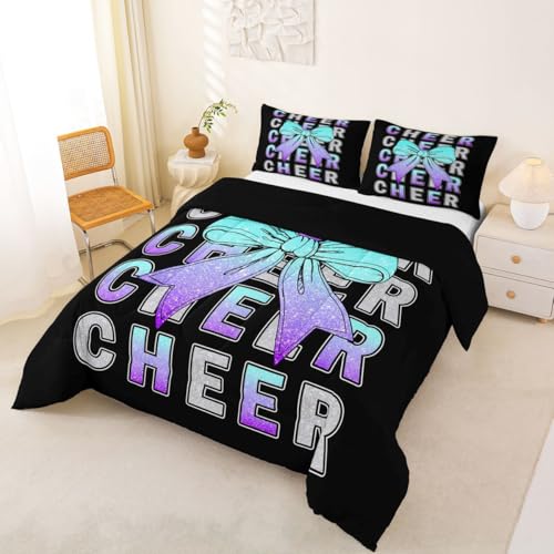 Image of Feelyou Cheer Bedding Set Soft for Boys Girls, Blue Purple Bowknot Comforter Set Toddler Size Sport Cheerleader Duvet Quilt Microfiber Cheerleading Bedroom Decor 2 Pcs with 1 Pillow Cases