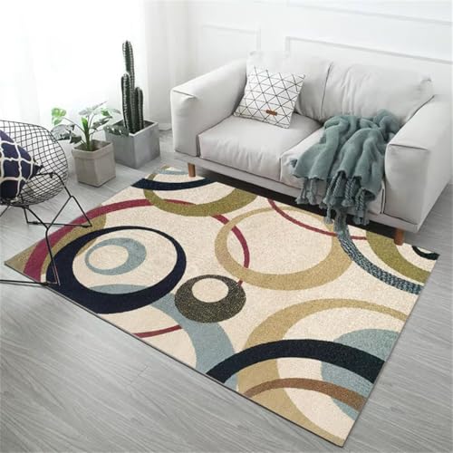 Tapis de salon beige vert 60x90cm avec motif géométrique moderne